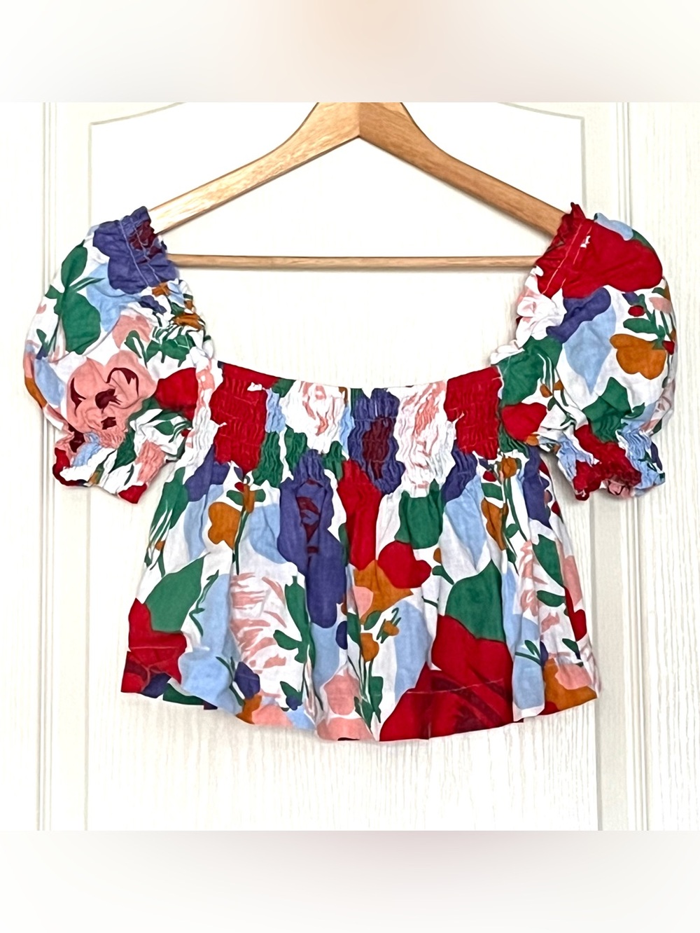 FAITHFULL THE BRAND Lilla Linen Crop Top Anita Floral Puff Sleeve Size L